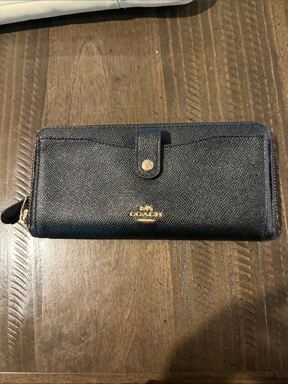 Coach Black Saffiano Leather Zip Wallet with Gold Logo